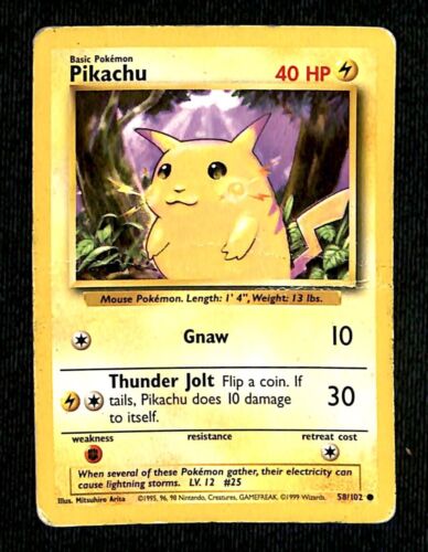 Pikachu Base Set 1999 Unlimited Print PLAYED, 58/102 Pokemon Card.
