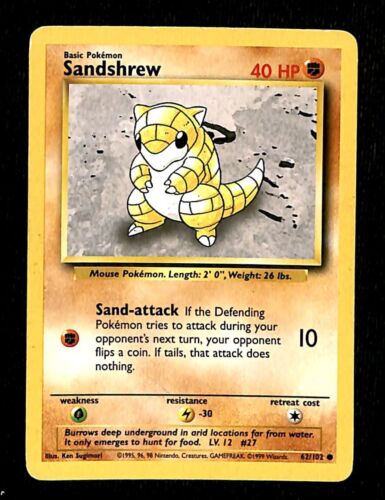 Sandshrew Base Set 1999 Unlimited Print EX, 62/102 Pokemon Card.