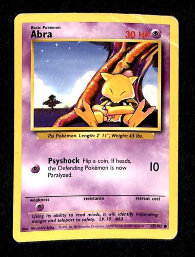 Abra Base Set 1999 Unlimited Print VG, 43/102 Pokemon Card.