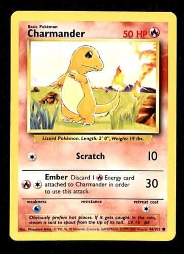 Charmander Base Set 1999-2000 Exclusive 4th Print EX, 46/102 Pokemon Card.