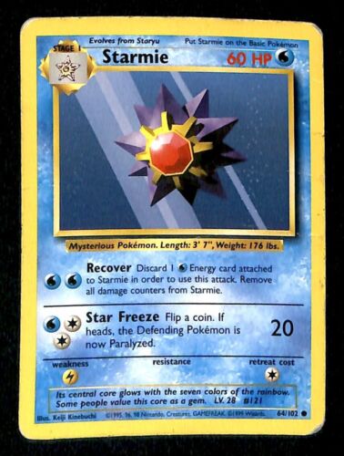 Starmie Base Set 1999 Unlimited Print VG, 64/102 Pokemon Card.