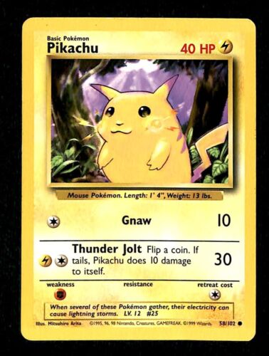 Pikachu Base Set 1999 Unlimited Print EX, 58/102 Pokemon Card.