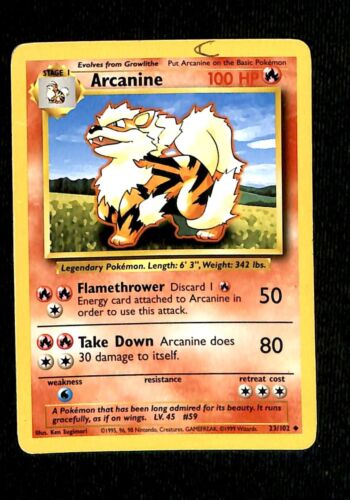 Arcanine Base Set 1999 Unlimited Print VG, 23/102 Pokemon Card.