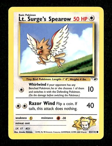 Lt Surges Spearow Gym Heroes EX, 83/132 Pokemon Card. Lt Surges Spearow Gym Heroes EX, 83/132 Pokemon Card.