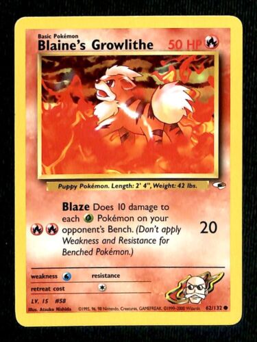 Blaines Growlithe Gym Heroes NM, 62/132 Pokemon Card.