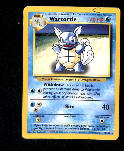 Wartortle Base Set 1999 Unlimited Print VG, 42/102 Pokemon Card.