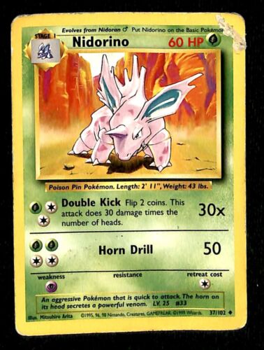 Nidorino Base Set 1999 Unlimited Print VG, 37/102 Pokemon Card.