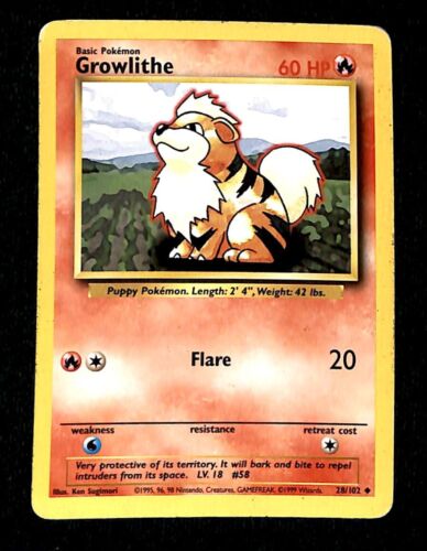 Growlithe Base Set 1999 Unlimited Print VG, 28/102 Pokemon Card.