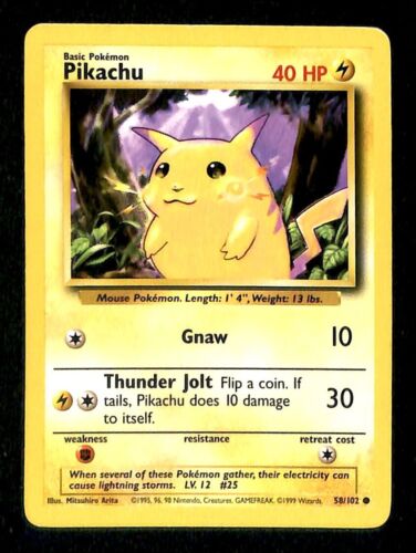 Pikachu Base Set 1999 Unlimited Print EX, 58/102 Pokemon Card.