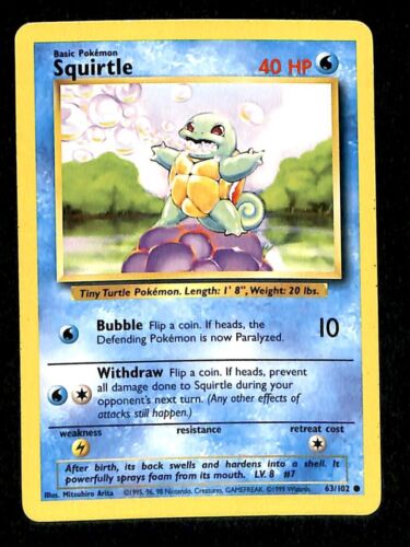 Squirtle Base Set 1999 Unlimited Print EX, 63/102 Pokemon Card.