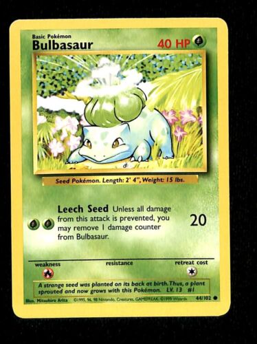 Bulbasaur Base Set 1999 Unlimited Print EX, 44/102 Pokemon Card.