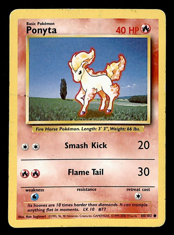 Ponyta Base Set 1999-2000 4th Print VG, 60/102 Pokemon Card.