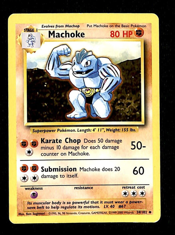 Machoke Base Set 1999-2000 Exclusive 4th Print EX, 34/102 Pokemon Card Machoke Base Set 1999-2000 Exclusive 4th Print EX, 34/102 Pokemon Card
