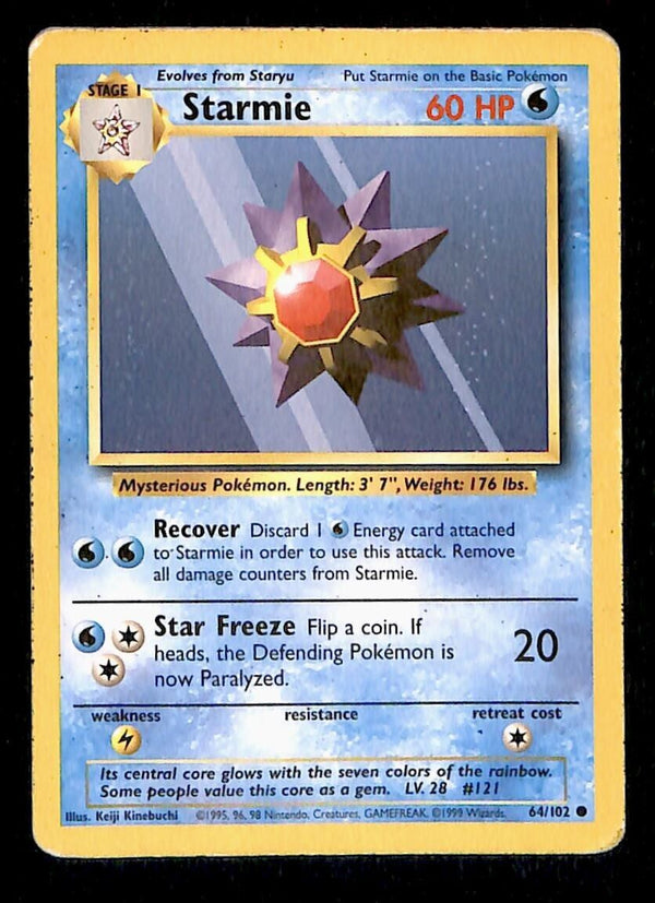 Starmie Base Set 1999 Unlimited Print VG, 64/102 Pokemon Card.