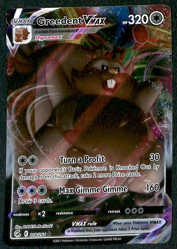 Greedent Vmax Fusion Strikes 218/264, NM Pokemon Card Greedent Vmax Fusion Strikes 218/264, NM Pokemon Card