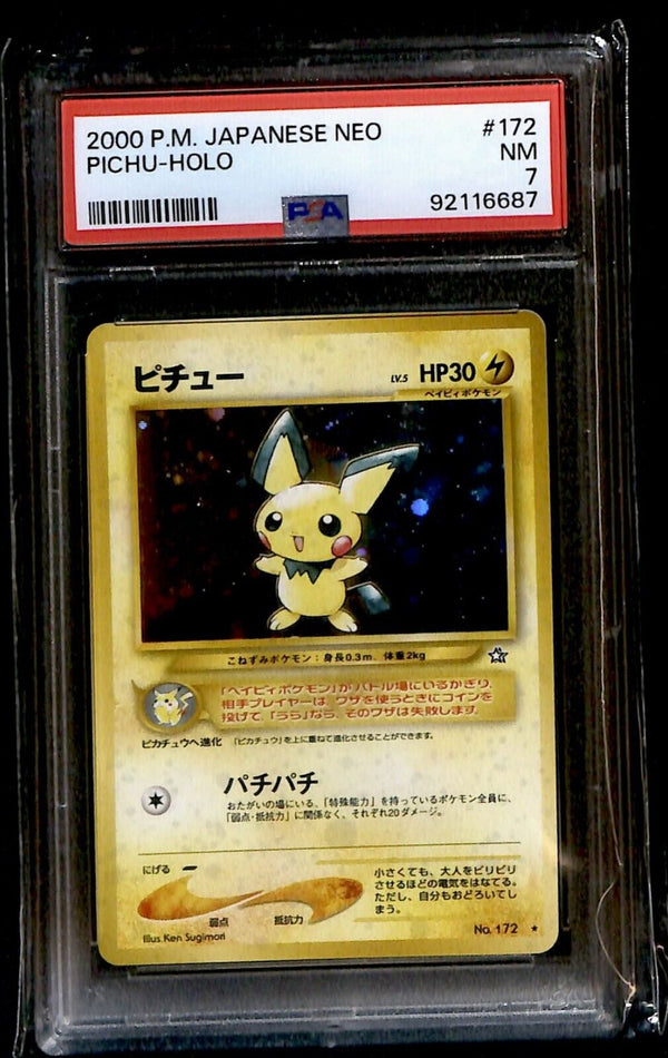 Pichu Holo Neo Genesis 172 Japanese, PSA 7 Pokemon Card.