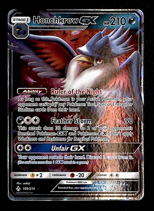 Honchkrow GX Rare Unbroken Bonds 109/214, NM Pokemon Card