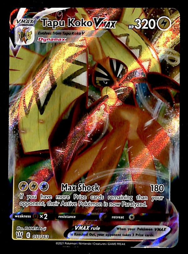 Tapu Koko Vmax Full Art Rare Battle Styles 051/163, NM Pokemon Card Tapu Koko Vmax Full Art Rare Battle Styles 051/163, NM Pokemon Card