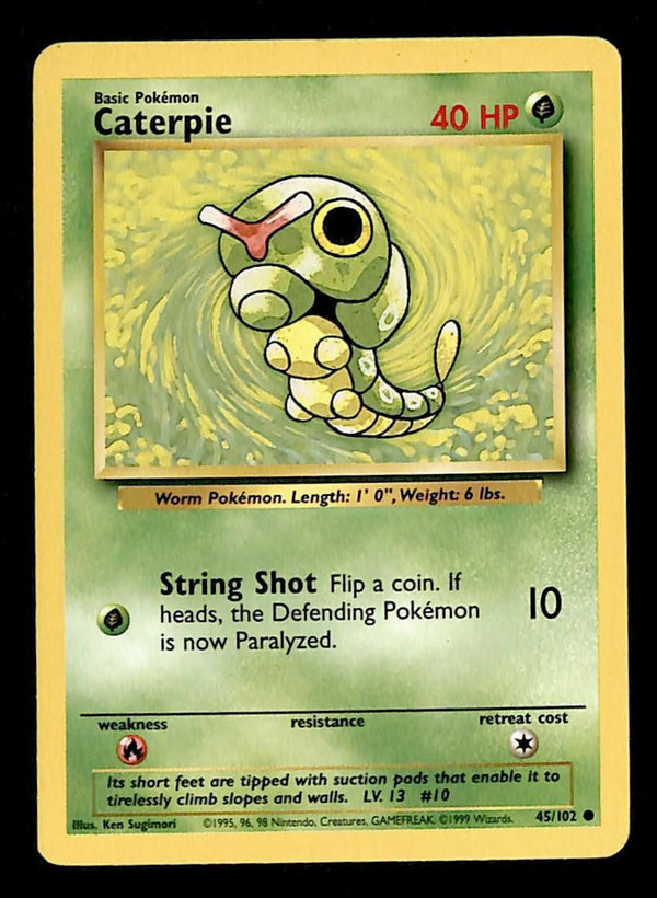 Caterpie Base Set 1999 Unlimited Print LP, 45/102 Pokemon Card.