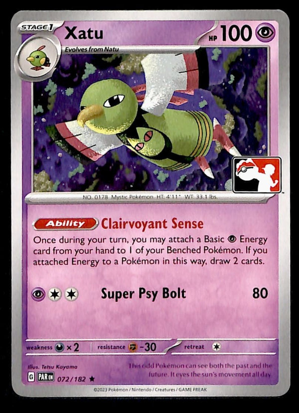 Xatu Play! Stamped, Paradox Rift 072/182,NM Pokemon Card
