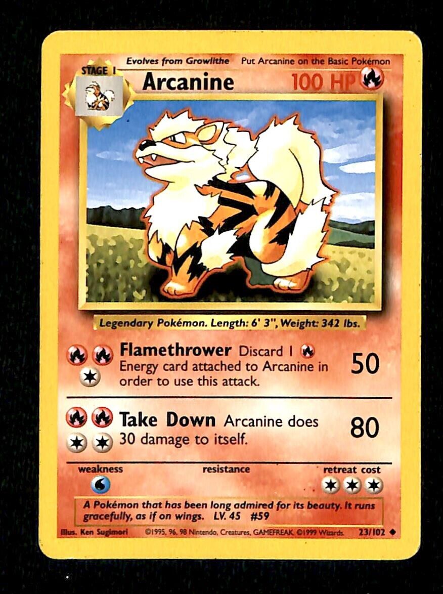 Arcanine Base Set 1999 Unlimited Print EX, 23/102 Pokemon Card.