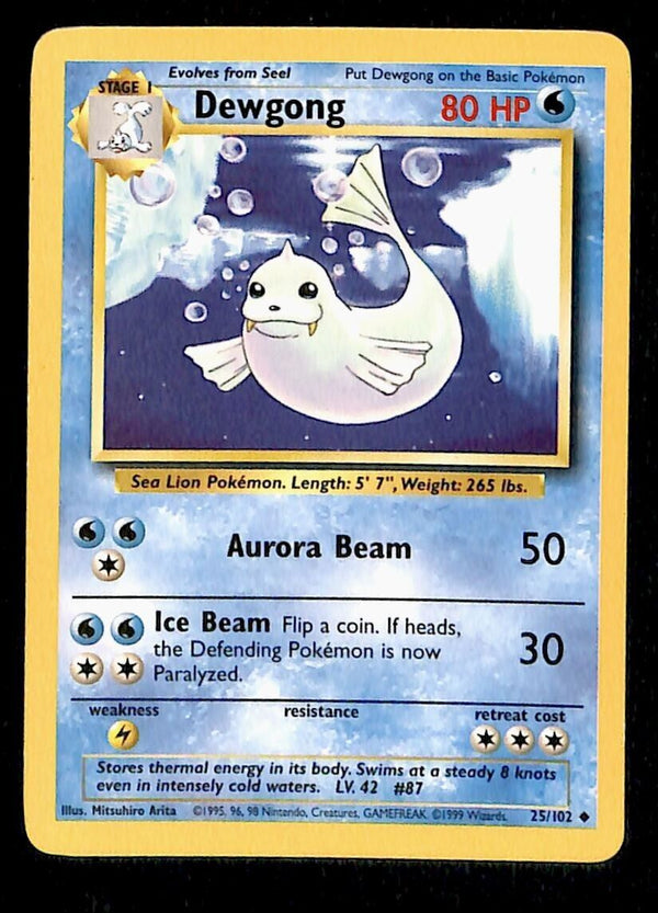 Dewgong Base Set 1999 Unlimited Print EX, 25/102 Pokemon Card.