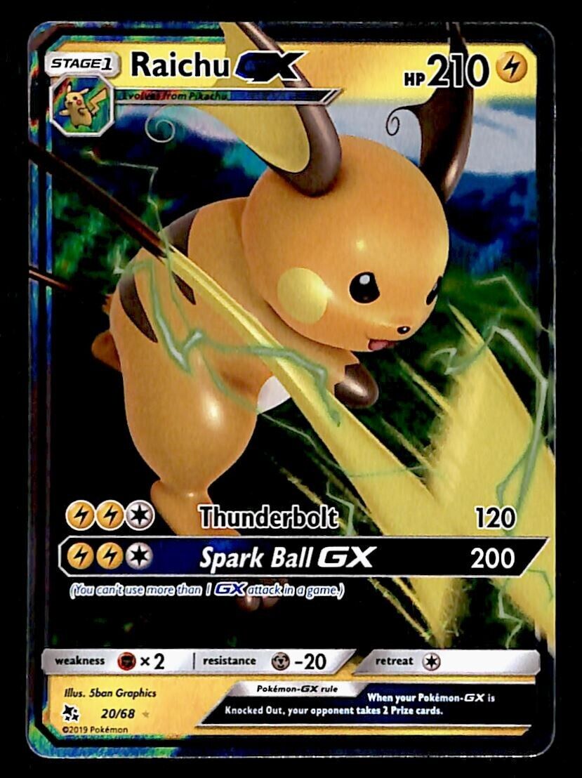 Raichu GX Ultra Rare Hidden Fates 20/68, NM Pokemon Card