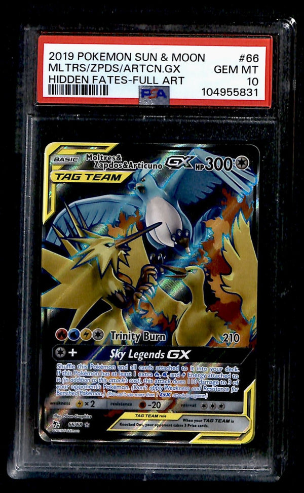 Moltres, Zapdos, Articuno GX Full Art Hidden Fates 66/68, PSA 10 Pokemon Card