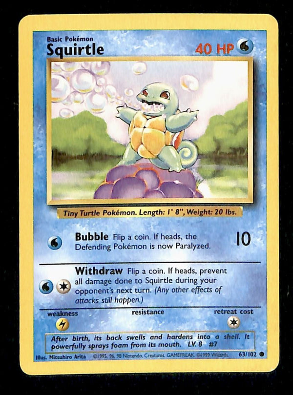 Squirtle Base Set 1999 Unlimited Print LP, 63/102 Pokemon Card.