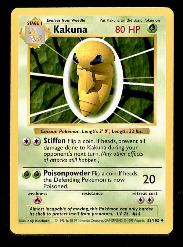 Kakuna Base Set Shadowless 1999 Unlimited Print EX, 33/102 Pokemon Card.