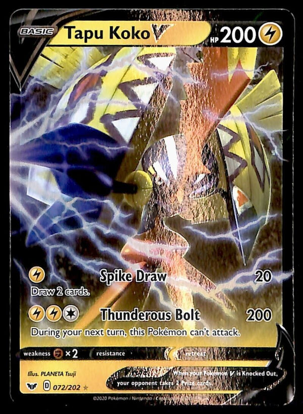 Tapu Koko V Ultra Rare Sword & Shield 072/202, NM Pokemon Card Tapu Koko V Ultra Rare Sword & Shield 072/202, NM Pokemon Card