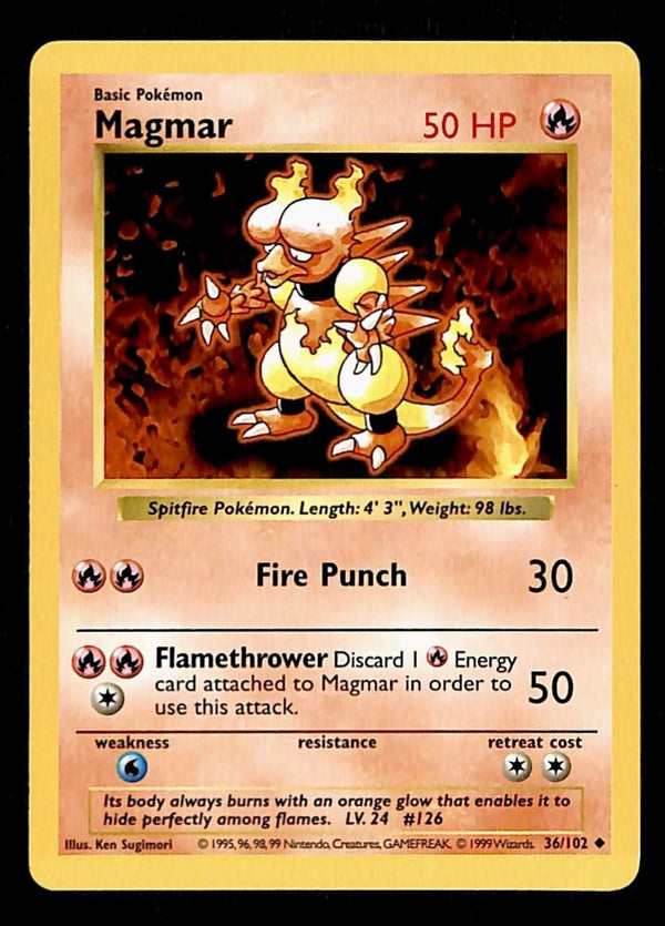 Magmar Base Set Shadowless 1999 Unlimited Print EX, 36/102 Pokemon Card.