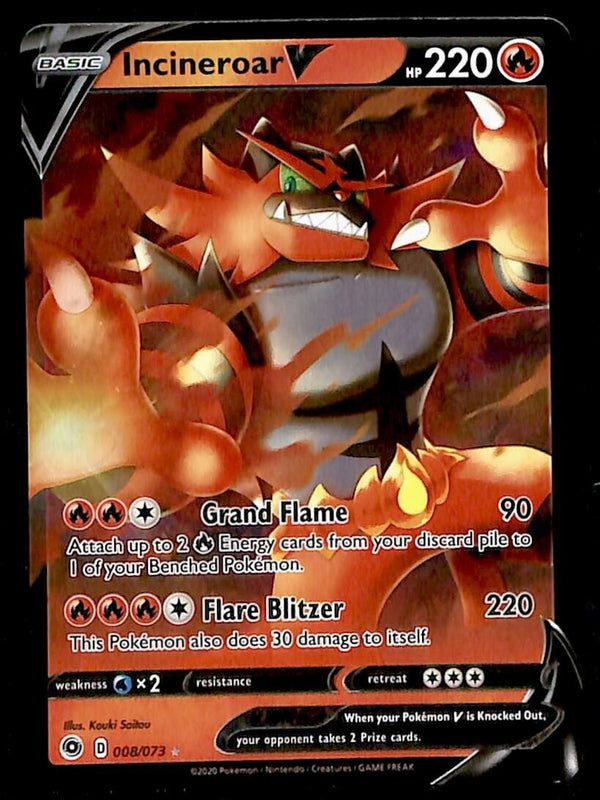 Incineroar V Ultra Rare Champions Path 008/073, NM Pokemon Card