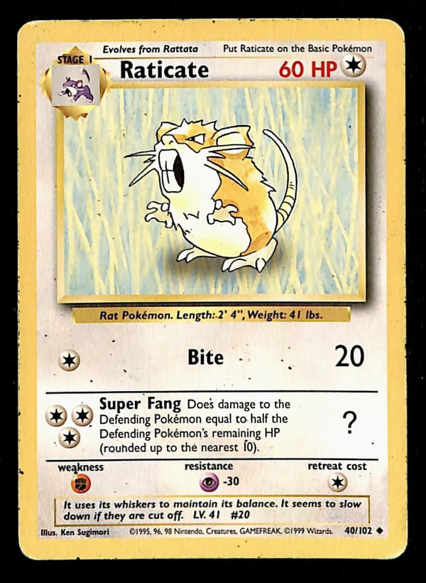 Raticate Base Set 1999 Unlimited Print VG, 40/102 Pokemon Card.