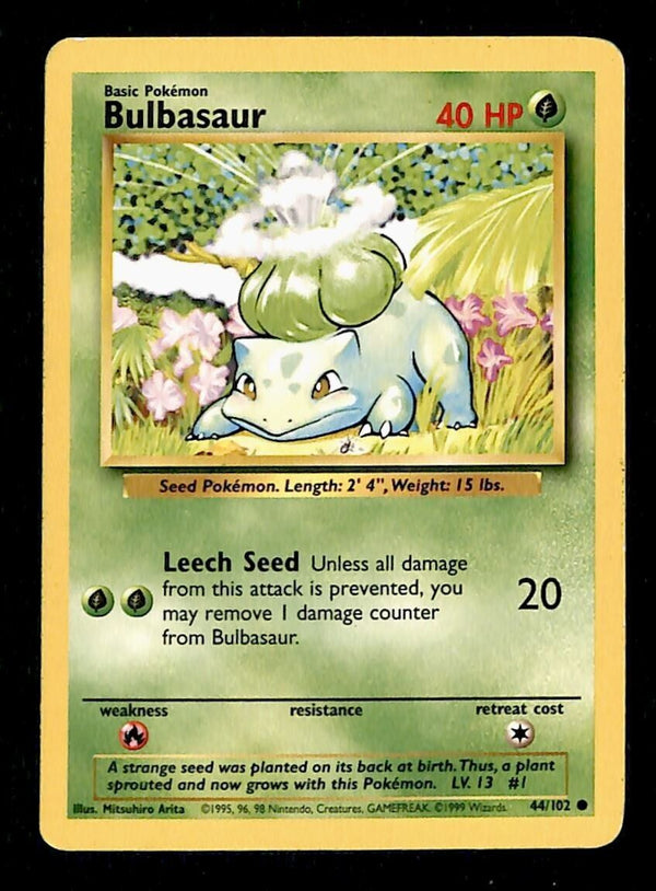 Bulbasaur Base Set 1999 Unlimited Print EX, 44/102 Pokemon Card.