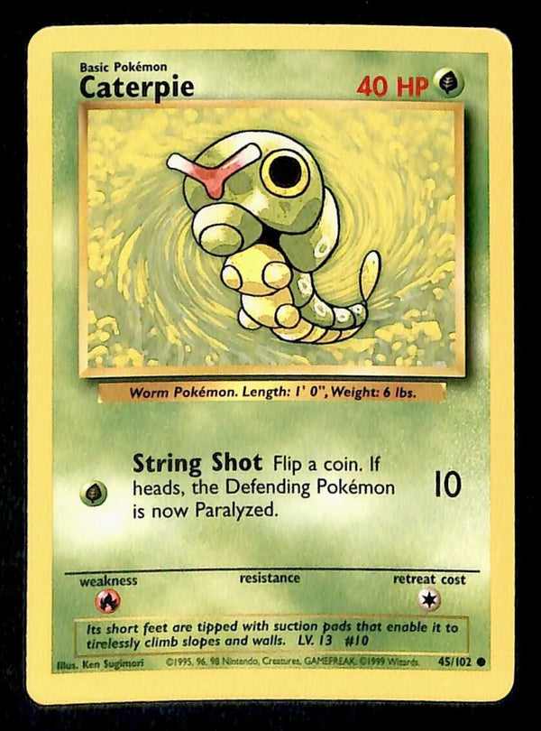 Caterpie Base Set 1999 Unlimited Print EX, 45/102 Pokemon Card.