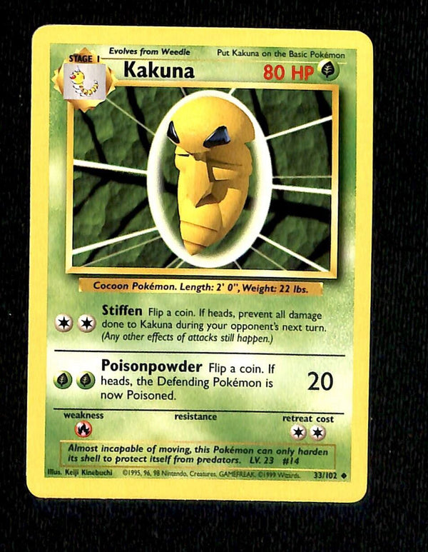 Kakuna Base Set 1999 Unlimited Print NM, 33/102 Pokemon Card. Kakuna Base Set 1999 Unlimited Print NM, 33/102 Pokemon Card.