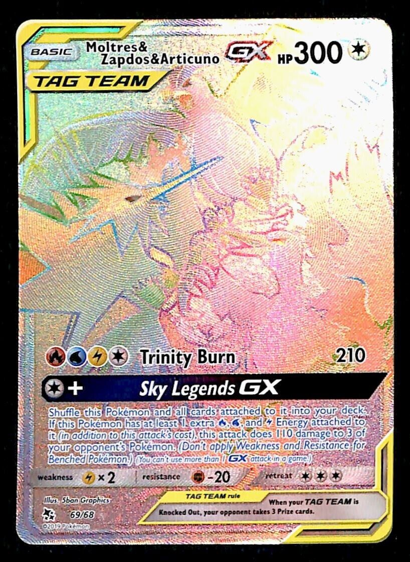 Moltres & Zapdos & Articuno Rainbow Rare Hidden Fates 69/68, NM Pokemon Card