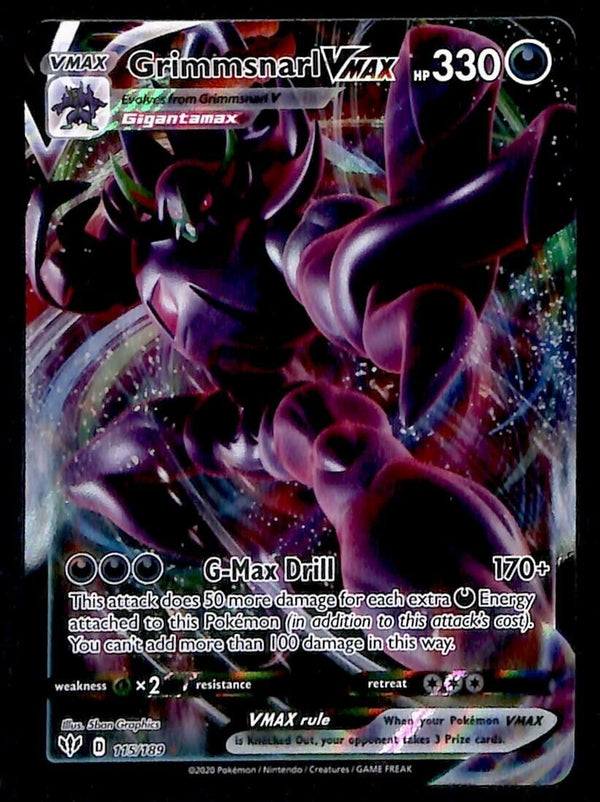 Grimmsnarl Vmax Full Art Darkness Ablaze 115/189, NM Pokemon Card Grimmsnarl Vmax Full Art Darkness Ablaze 115/189, NM Pokemon Card