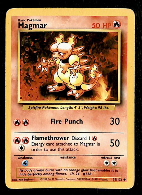 Magmar Base Set 1999 Unlimited Print VG, 36/102 Pokemon Card.