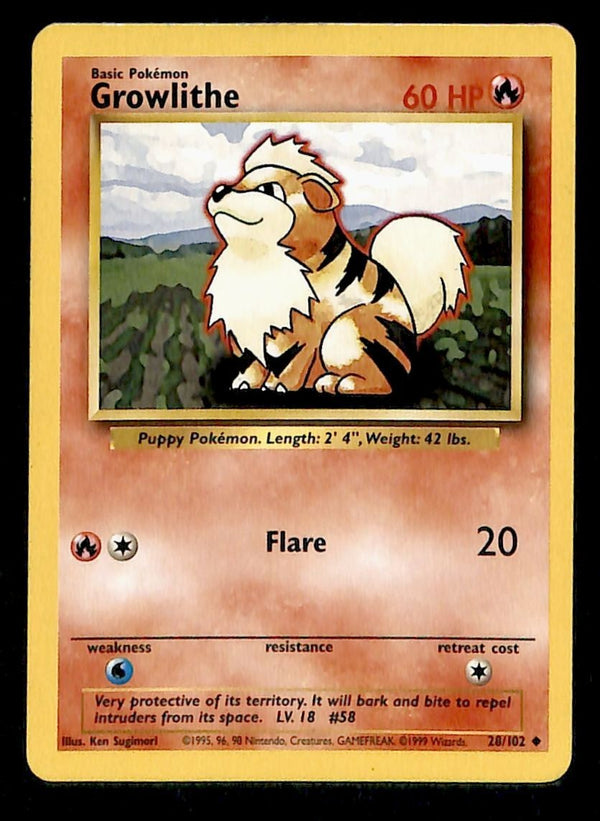 Growlithe Base Set 1999 Unlimited Print NM, 28/102 Pokemon Card.