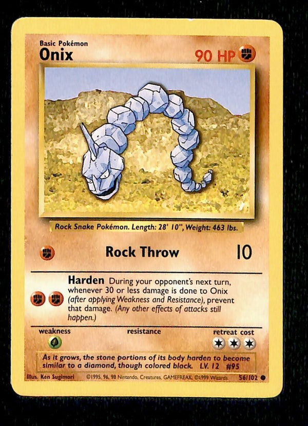 Onix Base Set 1999 Unlimited Print NM, 56/102 Pokemon Card.