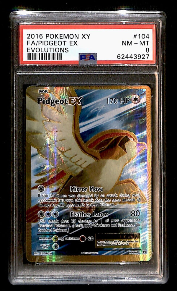 Pidgeot EX Full Art Evolutions PSA 8, 104/108 Pokemon Card.