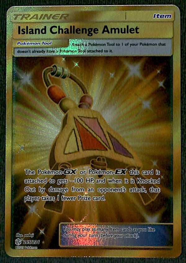 Island Challenge Amulet Gold Card Cosmic Eclipse 265/236, NM Pokemon Card