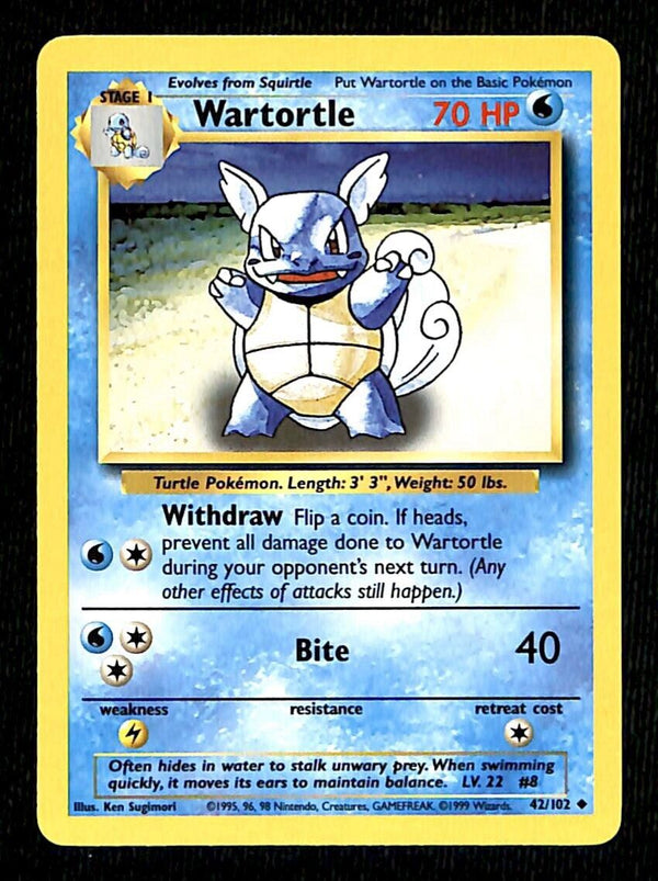 Wartortle Base Set 1999 Unlimited Print NM, 42/102 Pokemon Card.