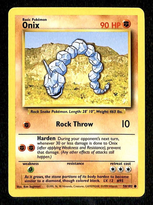Onix Base Set 1999 Unlimited Print EX, 56/102 Pokemon Card. Onix Base Set 1999 Unlimited Print EX, 56/102 Pokemon Card.