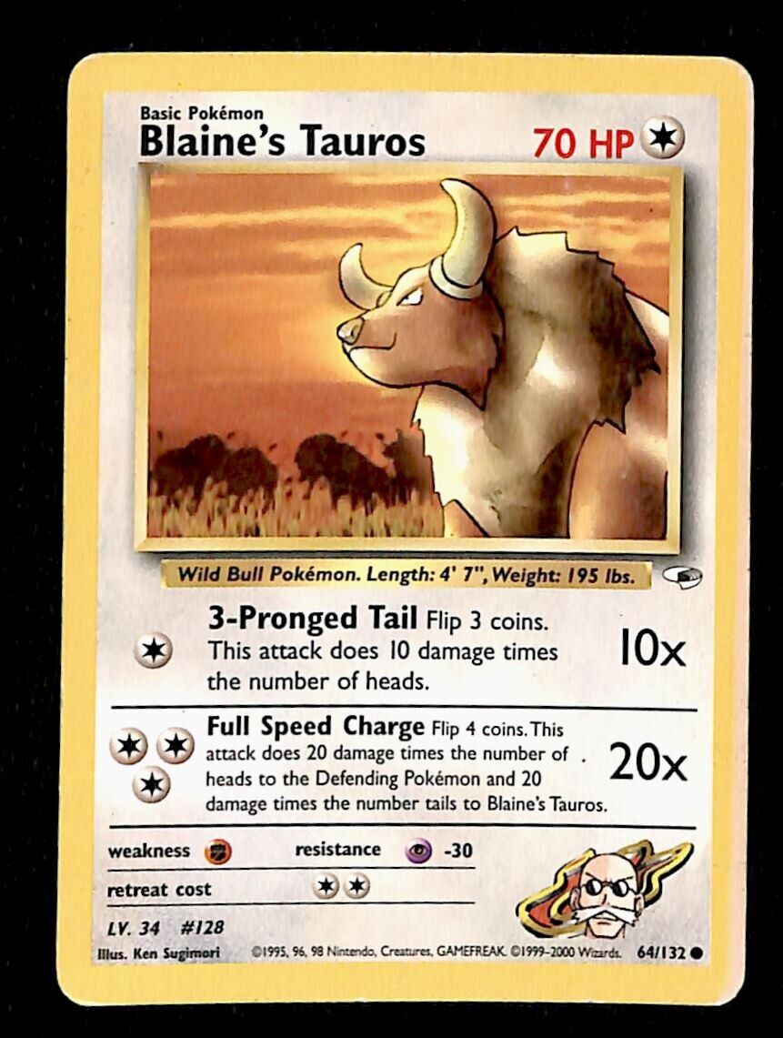 Blaine's Tauros Gym Heroes VG, 64/132 Pokemon Card.