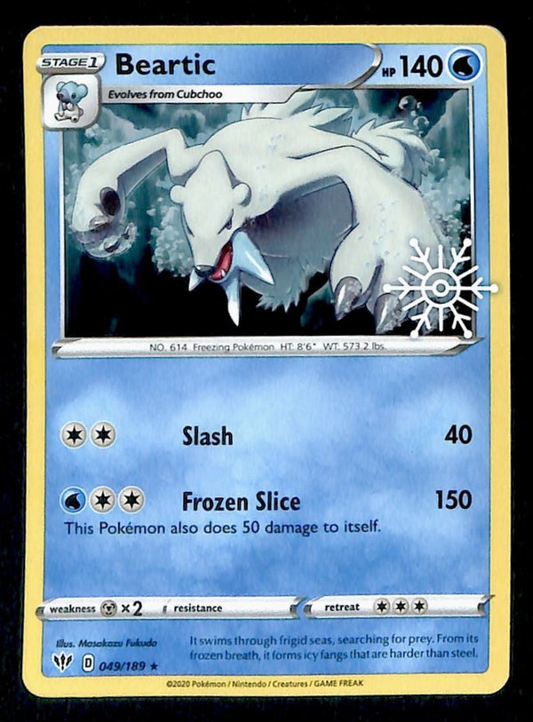 Beartic Holo Snowflake Stamp Darkness Ablaze 049/189, NM Pokemon Card Beartic Holo Snowflake Stamp Darkness Ablaze 049/189, NM Pokemon Card