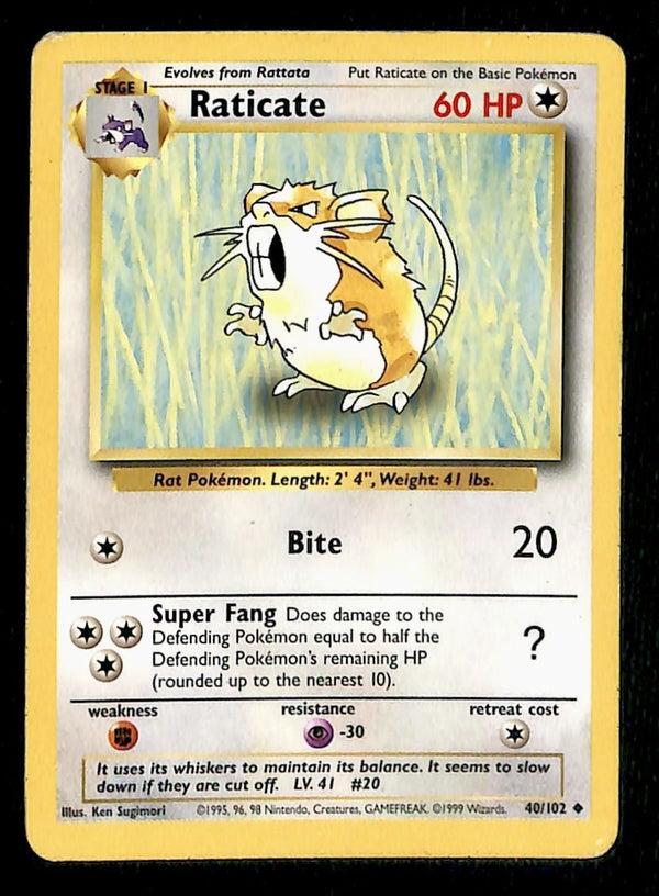 Raticate Base Set 1999 Unlimited Print LP, 40/102 Pokemon Card.
