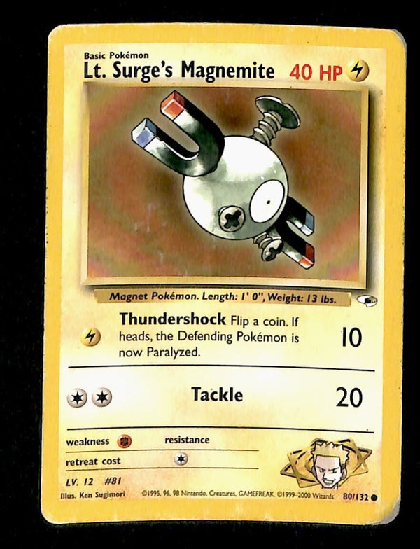 Lt. Surge's Magnemite Gym Heroes VG, 80/132 Pokemon Card. Lt. Surge's Magnemite Gym Heroes VG, 80/132 Pokemon Card.